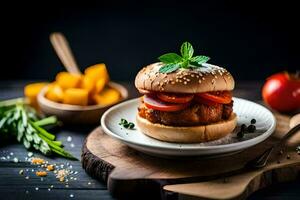 een kip hamburger met tomaten en kruiden Aan een bord. ai-gegenereerd foto