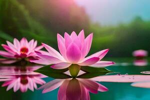 roze lotus bloemen in de water met een groen achtergrond. ai-gegenereerd foto