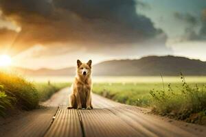 een hond zittend Aan een houten pad in de midden- van een veld. ai-gegenereerd foto