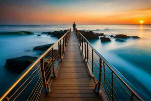 een Mens staat Aan een houten brug over- de oceaan Bij zonsondergang. ai-gegenereerd foto
