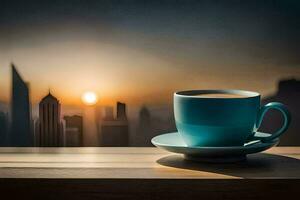 een kop van koffie Aan een tafel in voorkant van een stadsgezicht. ai-gegenereerd foto