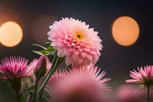 roze bloemen in de donker met wazig lichten. ai-gegenereerd foto