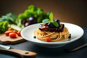 spaghetti met vlees en groenten Aan een tafel. ai-gegenereerd foto