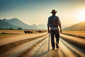 een Mens wandelen naar beneden een aarde weg met vee. ai-gegenereerd foto