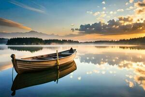 een boot zit Aan de water Bij zonsondergang. ai-gegenereerd foto