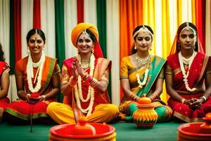 Indisch Dames in traditioneel kleding zittend Aan de verdieping met kaarsen. ai-gegenereerd foto