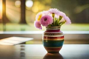 een vaas met roze bloemen zittend Aan een tafel. ai-gegenereerd foto