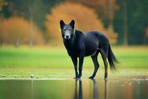 een zwart wolf staand in de water. ai-gegenereerd foto