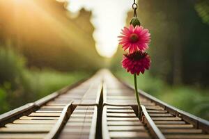 een bloem is hangende van een trein spoor. ai-gegenereerd foto