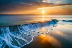 een mooi zonsondergang over- de oceaan met golven crashen in de oever. ai-gegenereerd foto