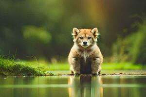 een puppy zittend Aan de rand van een vijver. ai-gegenereerd foto