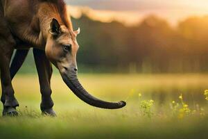 een paard met lang hoorns begrazing Aan gras. ai-gegenereerd foto