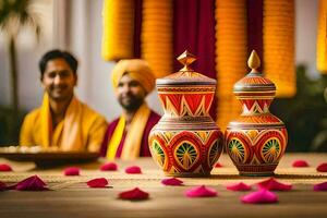 Indisch bruiloft decor met twee mannen in traditioneel gewaad. ai-gegenereerd foto