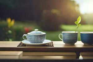 twee cups en schotel Aan een tafel met een fabriek. ai-gegenereerd foto