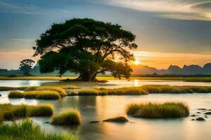 een boom in de midden- van een rivier- Bij zonsondergang. ai-gegenereerd foto