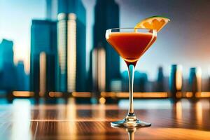 een cocktail met een plak van oranje Aan de rand. ai-gegenereerd foto