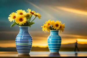 twee vazen met bloemen Aan een tafel in voorkant van een zonsondergang. ai-gegenereerd foto