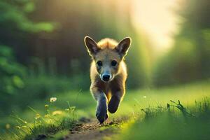 een puppy rennen door de gras in de zonlicht. ai-gegenereerd foto