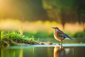 een vogel staand Aan de rand van een vijver. ai-gegenereerd foto