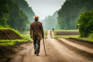 een Mens in een pak en hoed wandelen naar beneden een aarde weg. ai-gegenereerd foto