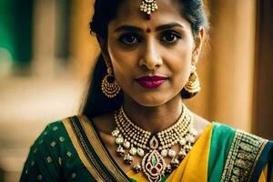 een mooi Indisch vrouw vervelend sieraden en een sari. ai-gegenereerd foto