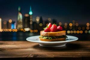 een belegd broodje met aardbeien en een stadsgezicht in de achtergrond. ai-gegenereerd foto