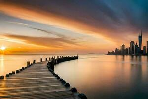 een pier in de midden- van de oceaan met een stad horizon in de achtergrond. ai-gegenereerd foto