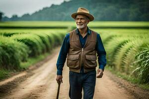 een oud Mens wandelen door een rijst- veld. ai-gegenereerd foto