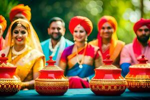 Indisch bruiloft ceremonie met familie en vrienden. ai-gegenereerd foto