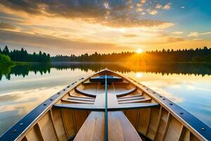 een boot Aan een meer Bij zonsondergang. ai-gegenereerd foto