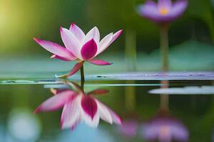 een roze lotus bloem is weerspiegeld in de water. ai-gegenereerd foto