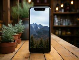 smartphone mockup Aan hout bureau met geïsoleerd achtergrond ai generatief foto