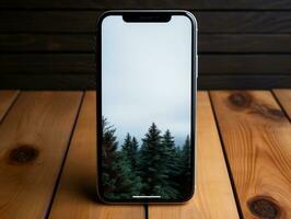 smartphone mockup Aan hout bureau met geïsoleerd achtergrond ai generatief foto