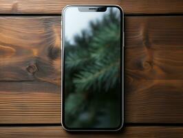 smartphone mockup Aan hout bureau met geïsoleerd achtergrond ai generatief foto