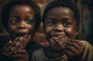 Afrikaanse kinderen aan het eten chocola. genereren ai foto