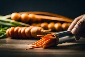 een persoon is snijdend wortels met een mes. ai-gegenereerd foto