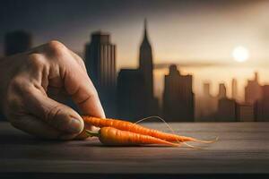 een hand- Holding een wortel in voorkant van een stadsgezicht. ai-gegenereerd foto