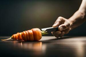 een persoon snijdend een wortel met een mes. ai-gegenereerd foto