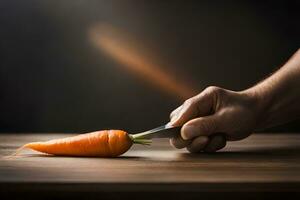 een persoon snijdend een wortel met een mes. ai-gegenereerd foto
