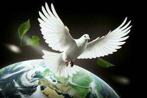 wit duif vliegend bovenstaand aarde. genereren ai foto