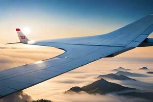 een vlak vliegend over- bergen en wolken. ai-gegenereerd foto