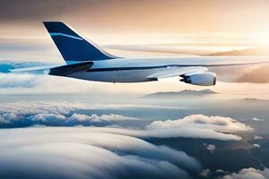 een groot passagier Jet vliegend over- de wolken. ai-gegenereerd foto