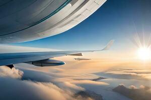 een vliegtuig vleugel is gezien vliegend bovenstaand wolken. ai-gegenereerd foto