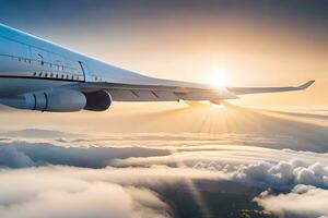 een vliegtuig vliegend over- de wolken Bij zonsondergang. ai-gegenereerd foto