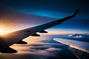 de vleugel van een vliegtuig is gezien vliegend over- de wolken. ai-gegenereerd foto