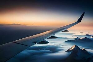 een vliegtuig vleugel vliegend over- bergen en wolken. ai-gegenereerd foto