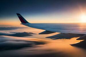 de vleugel van een vliegtuig is gezien in de wolken. ai-gegenereerd foto