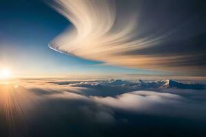 een visie van wolken en bergen van bovenstaande. ai-gegenereerd foto