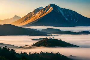 de zon stijgt over- de bergen en mist covers de vallei. ai-gegenereerd foto