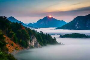 de zon stijgt over- de bergen en mist in deze foto. ai-gegenereerd foto